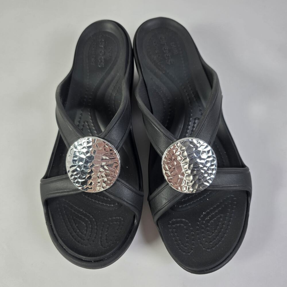 Crocs Sanrah Embellished Wedge Sandals Women's Size 9 Black Comfort Slides - Picture 2 of 11